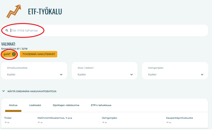 Kullan hinta: Kultaan sijoittavat ETF:t ETF-työkalusta