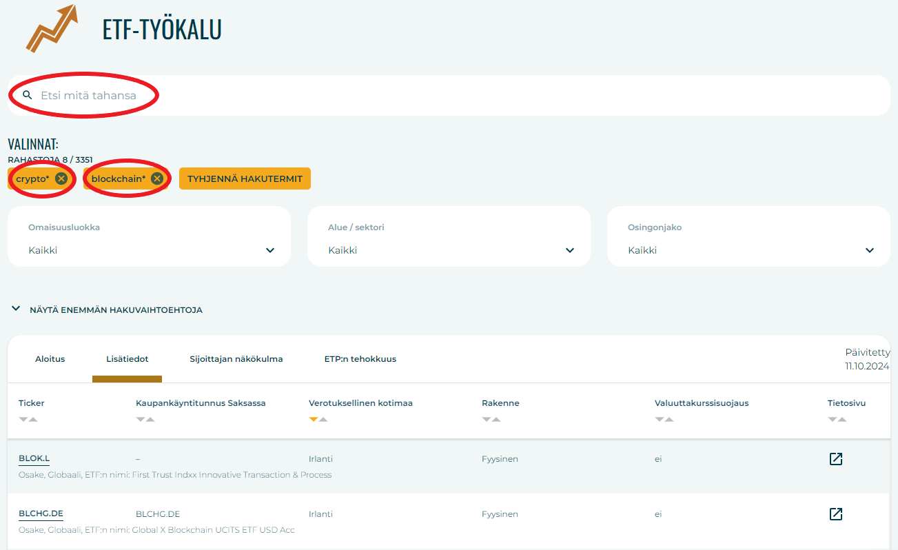 Kryptovaluuttoihin välillisesti sijoittavat ETF-rahastot löytyvät Sijoittaja.fi:n jäsenyyteen kuuluvan Sijoittaja360-palvelun ETF-työkalusta