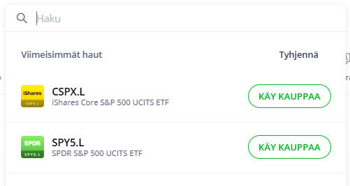 S&P 500 -indeksiin sijoittavat ETF:t eTorossa.