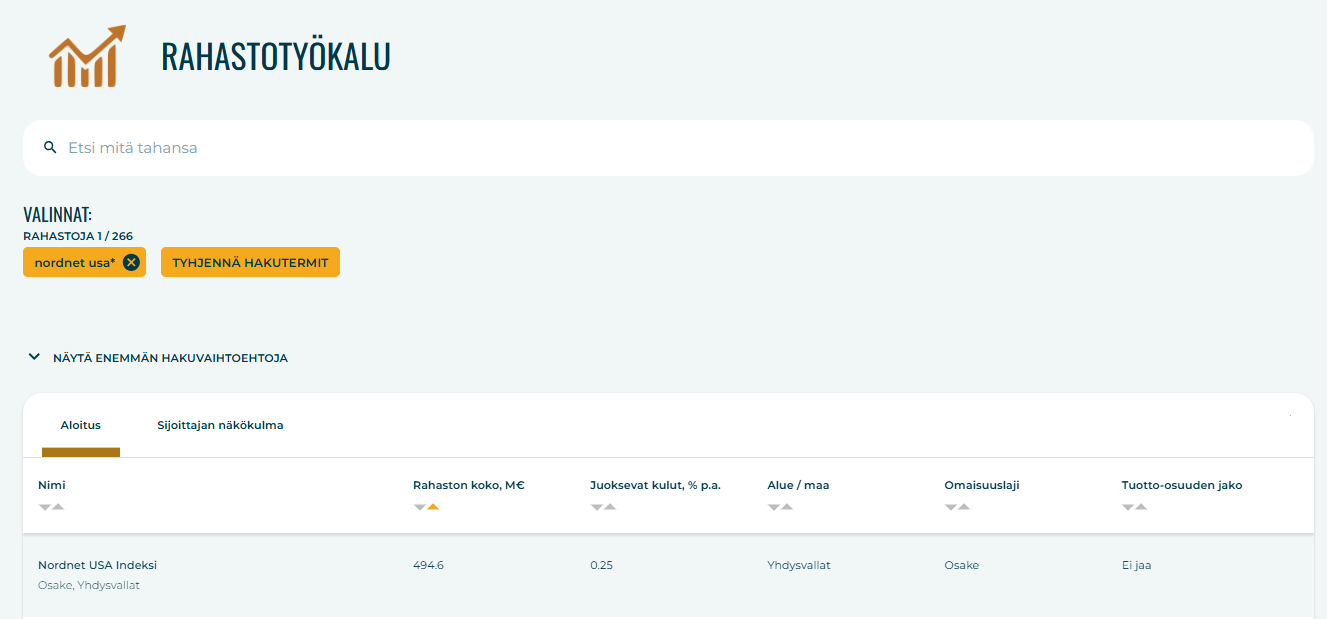 S&P 500 -indeksi. Nordnetin liikkeelle laskema S&P 500-indeksistä vastuullisuuden perusteella seulottu perinteinen indeksirahasto löytyy Sijoittaja.fi:n ilmaisesta Rahastotyökalusta