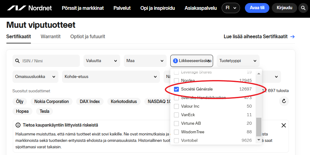 Societe Generalen pörssilistatut sijoitustuotteet Nordnetissä